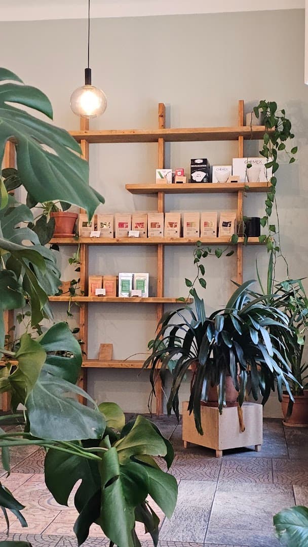 Interior of two dots coffee & pastries, specialty coffee shop in Prague