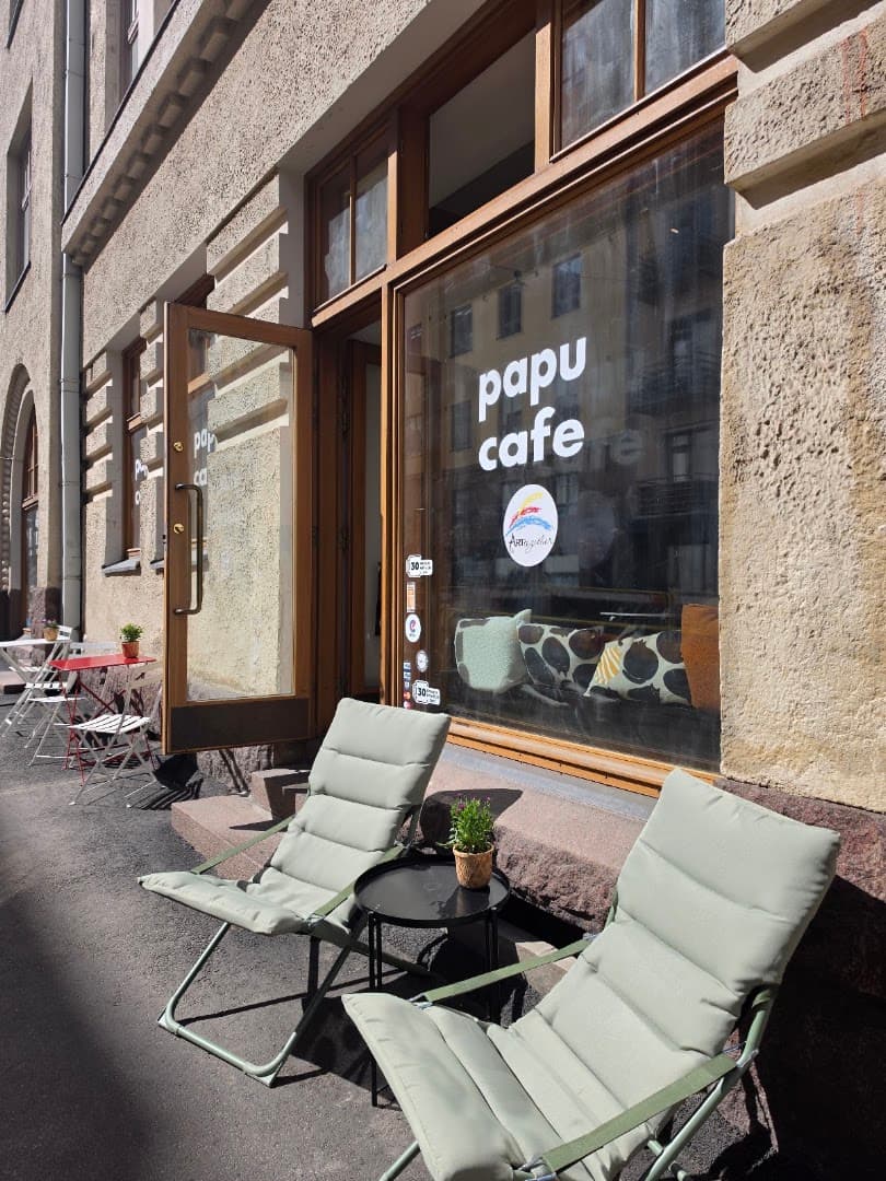 Storefront of Papu Cafe, specialty coffee shop in Helsinki