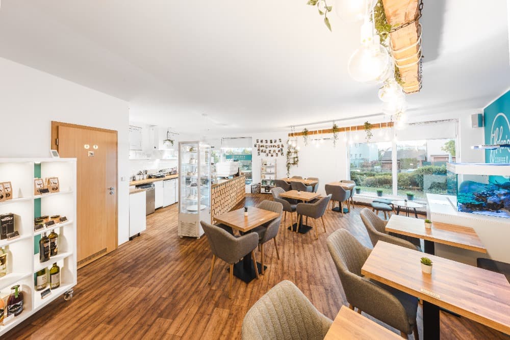 Interior of Helen's coffee Harmonická, specialty coffee shop in Prague