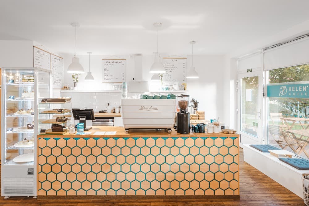 Interior of Helen's coffee Harmonická, specialty coffee shop in Prague