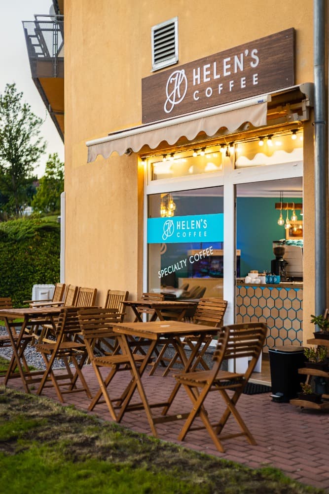 Storefront of Helen's coffee Harmonická, specialty coffee shop in Prague