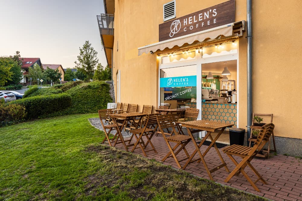 Storefront of Helen's coffee Harmonická, specialty coffee shop in Prague