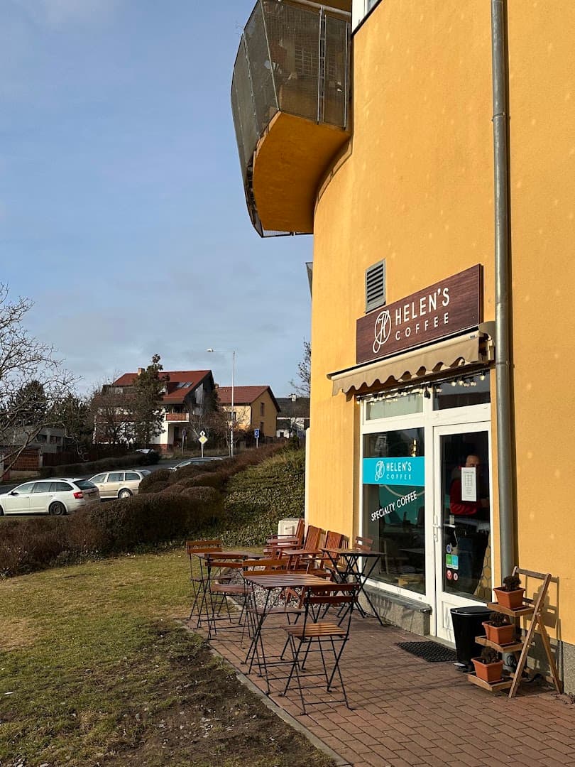 Storefront of Helen's coffee Harmonická, specialty coffee shop in Prague