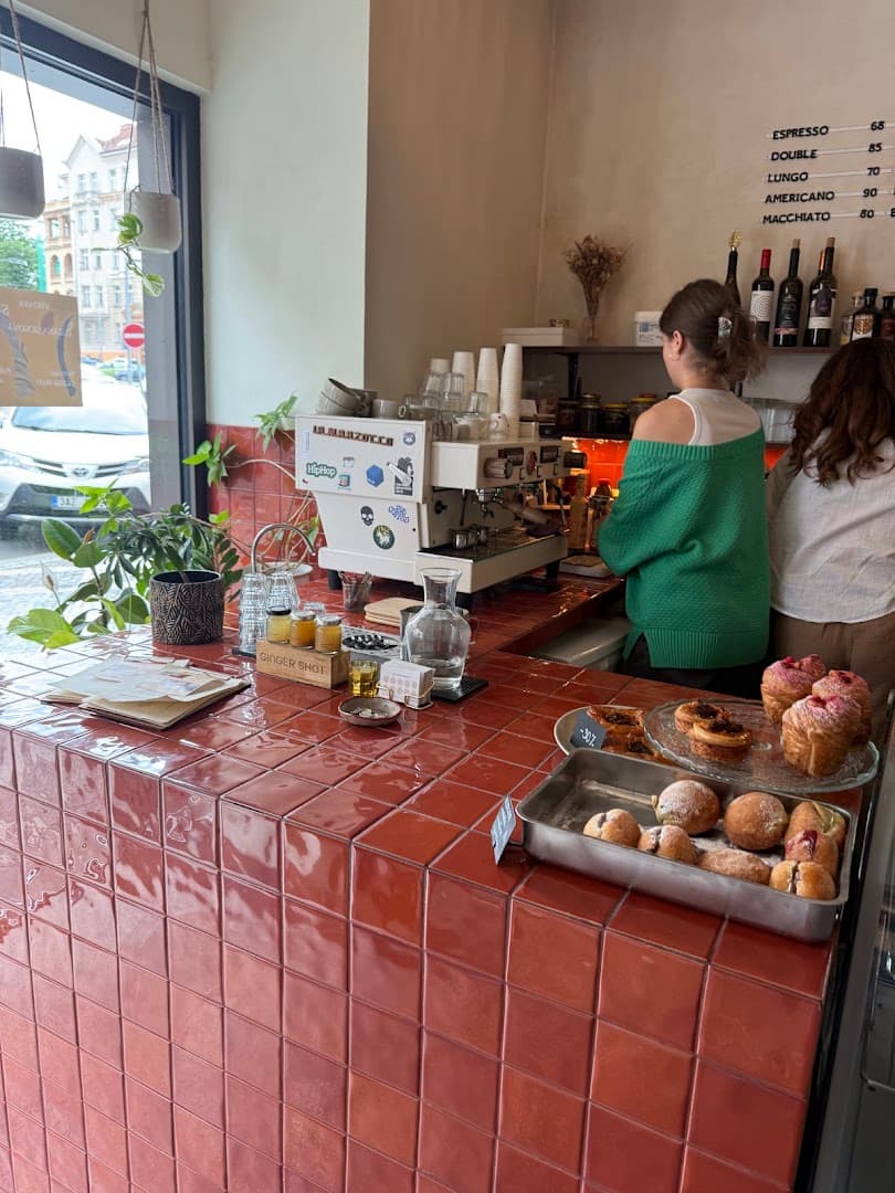 Interior of Polibek Café, specialty coffee shop in Prague