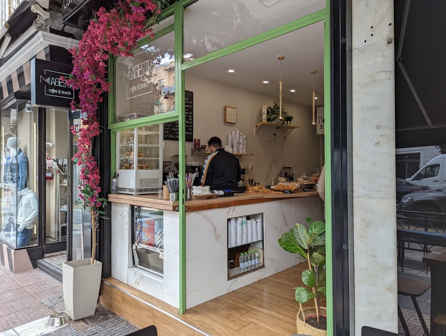 Storefront of Magestria Coffee Roasters, specialty coffee shop in Athens