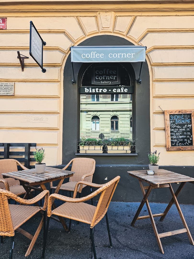 Storefront of coffee corner bakery, specialty coffee shop in Prague