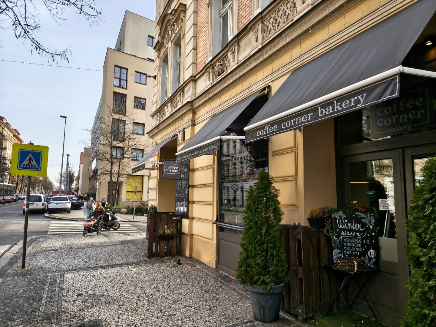 Storefront of coffee corner bakery, specialty coffee shop in Prague