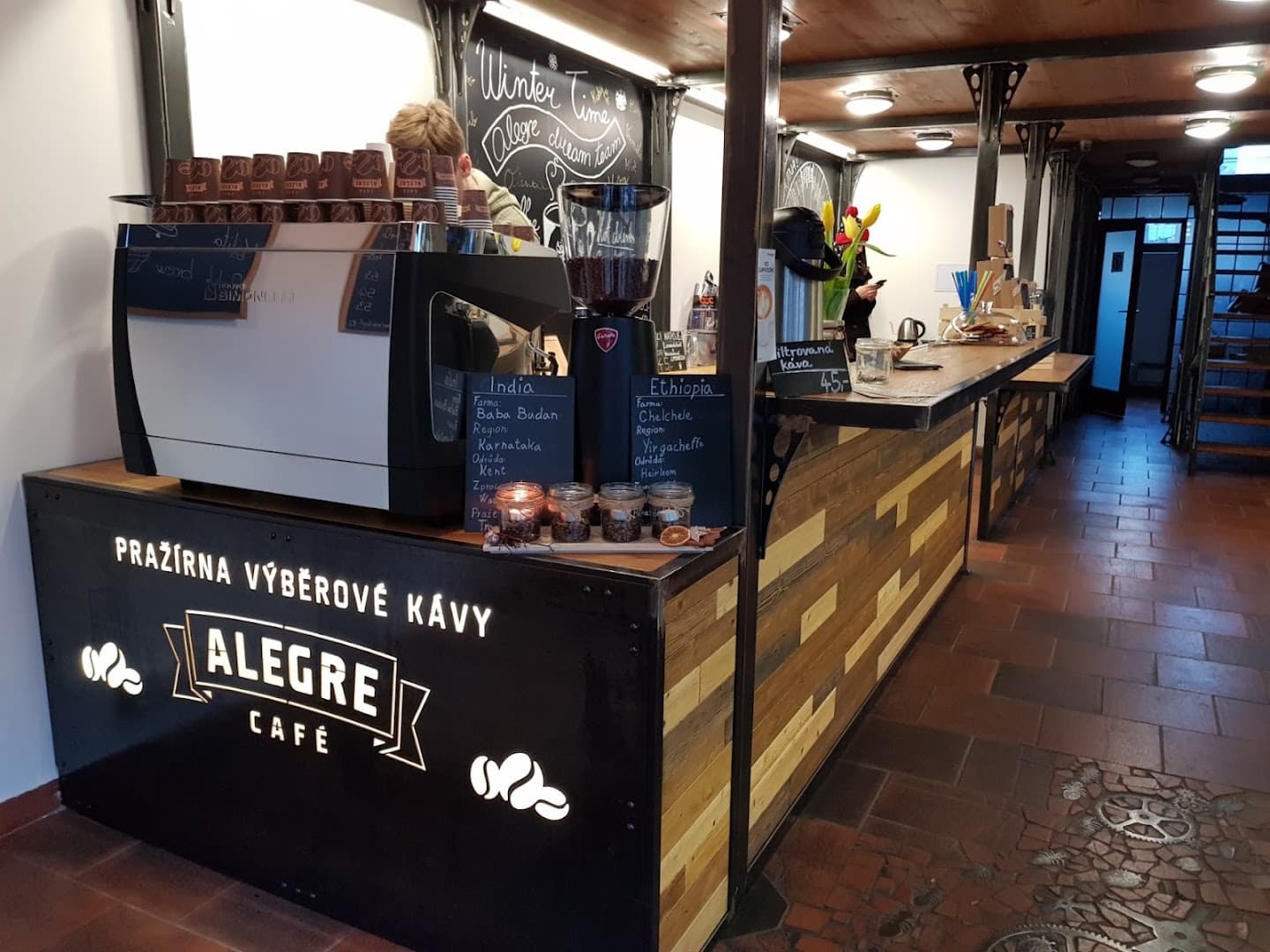 Interior of Café Alegre, specialty coffee shop in Prague