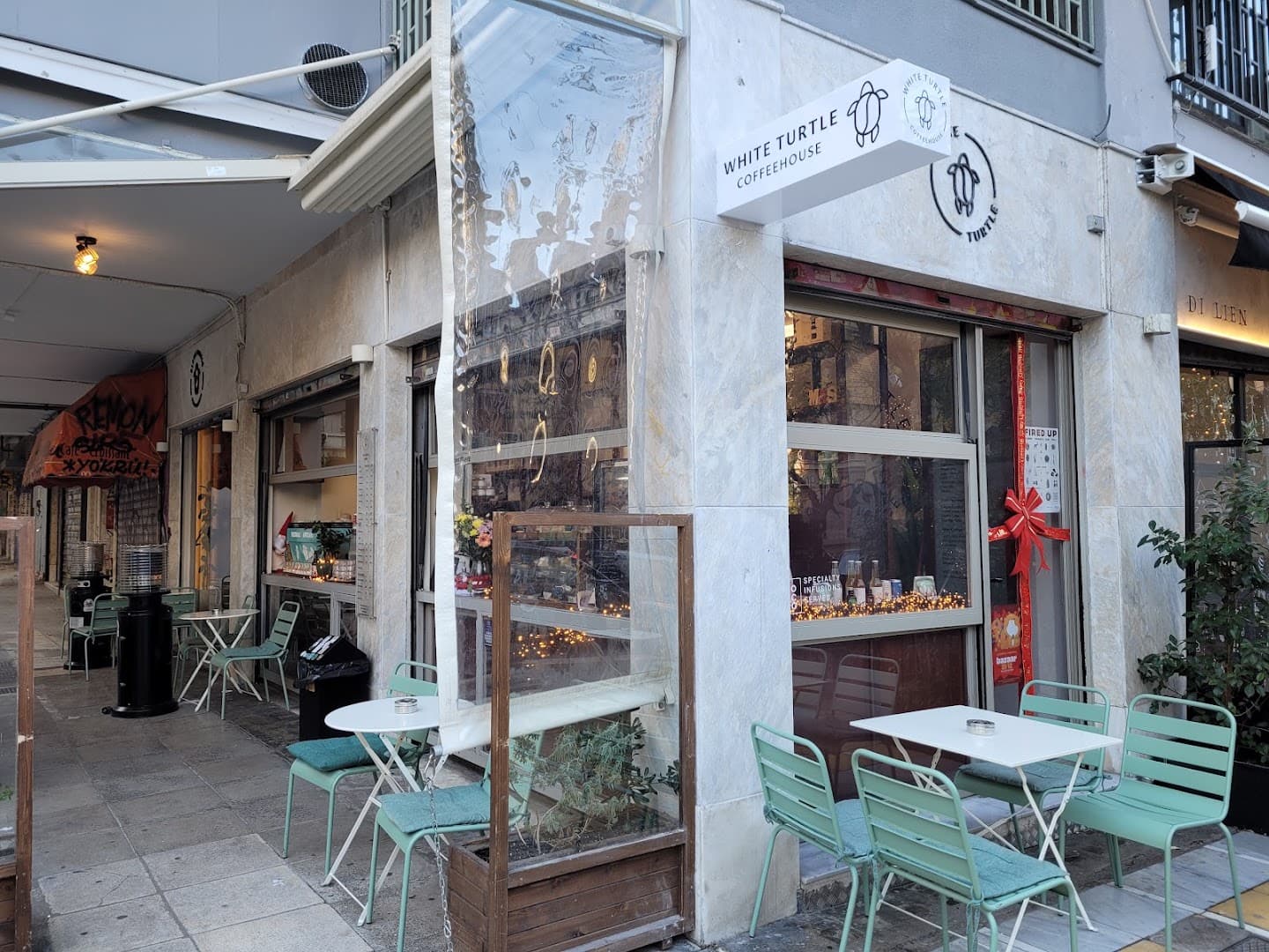 Storefront of White Turtle Coffeehouse, specialty coffee shop in Athens