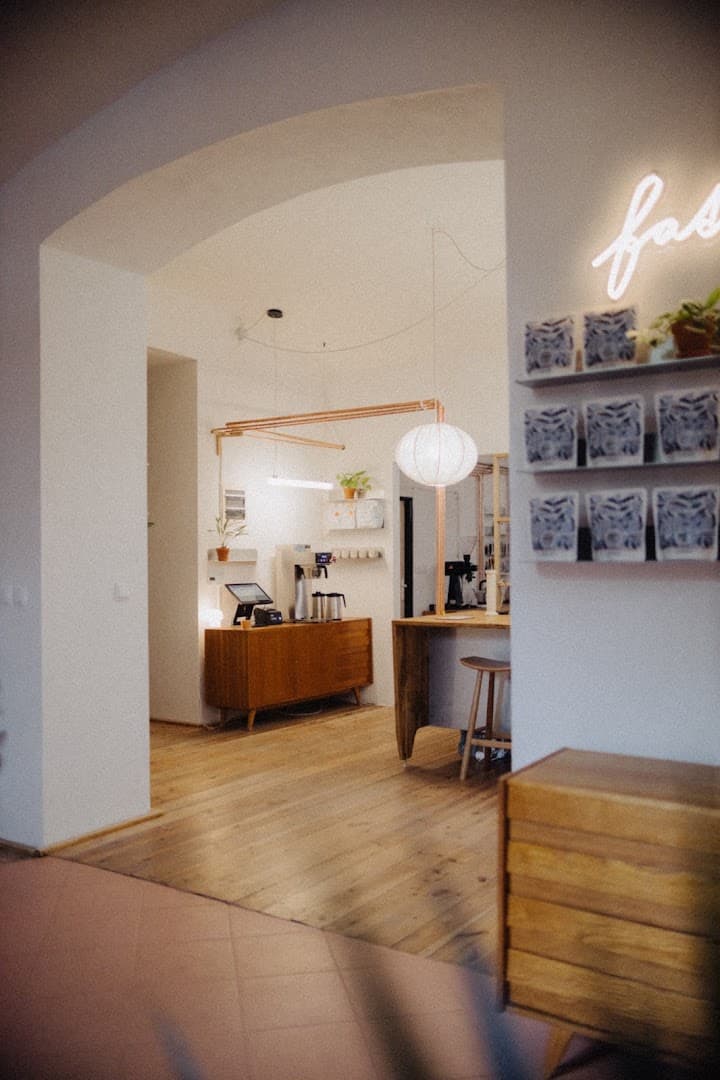 Interior of Father's Coffee Store, specialty coffee shop in Prague