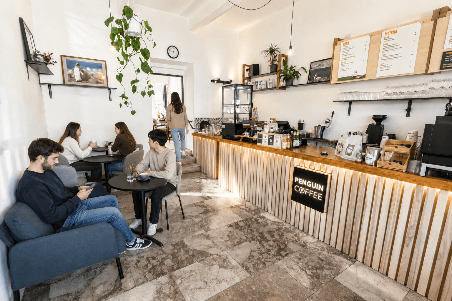 Interior of Penguin Coffee Strašnice, specialty coffee shop in Prague