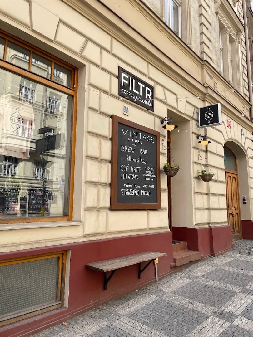 Storefront of FILTR Coffee & Clothes, specialty coffee shop in Prague