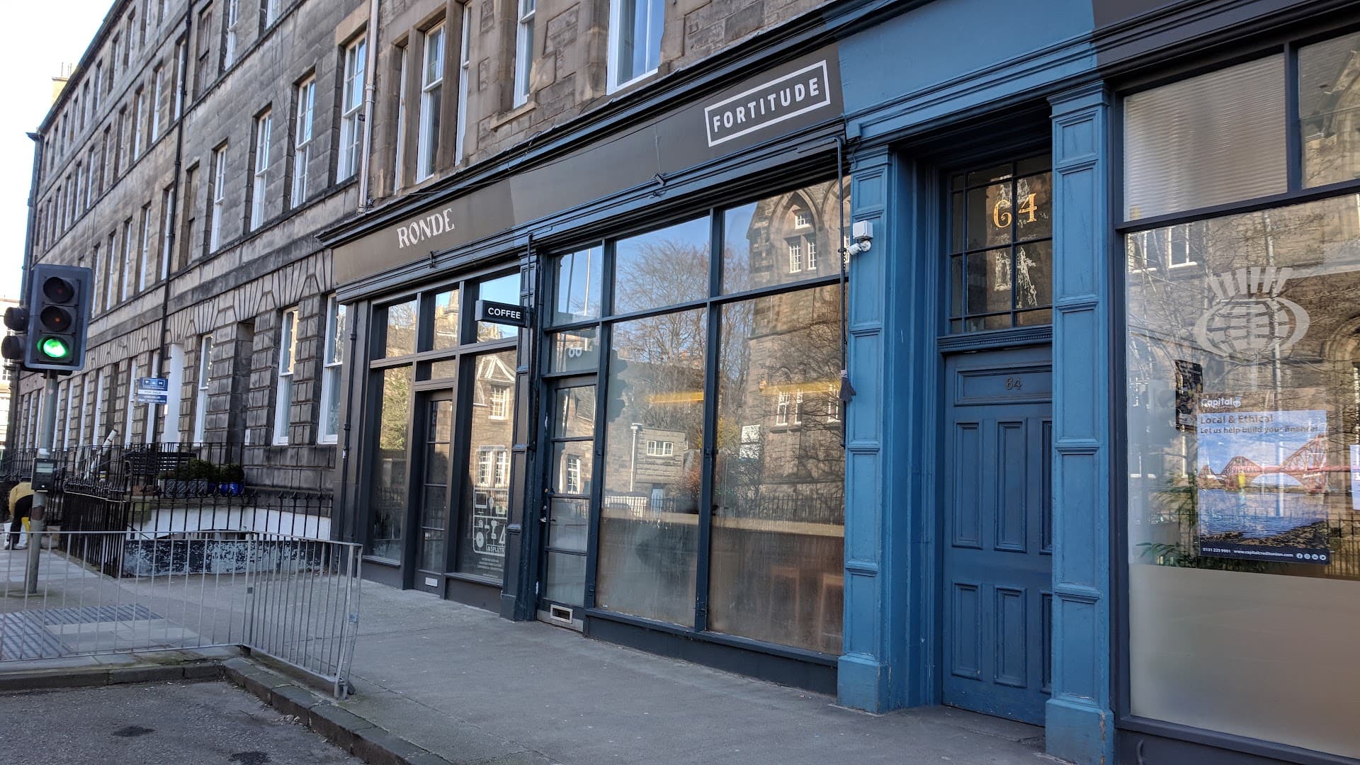 Storefront of Fortitude Coffee Stockbridge, specialty coffee shop in Edinburgh