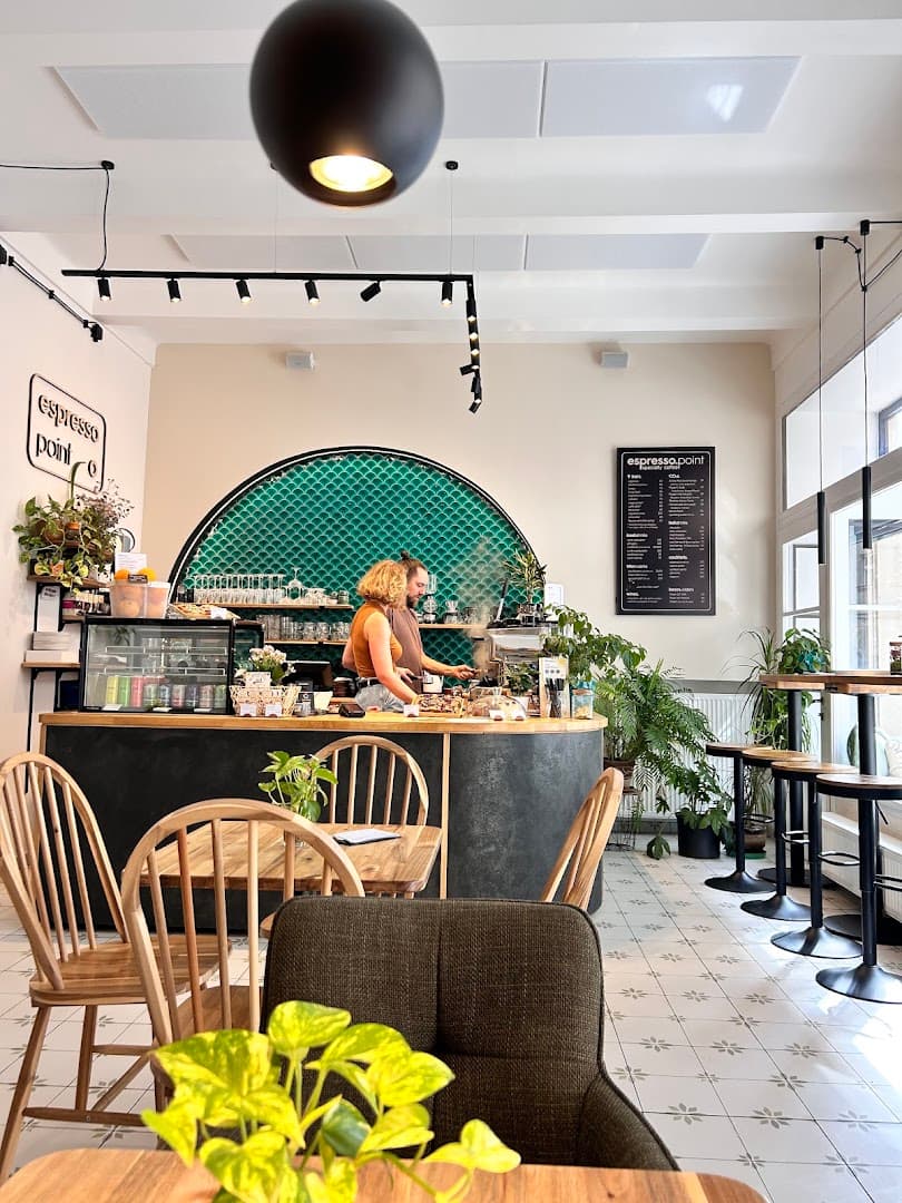 Interior of espresso.point, specialty coffee shop in Prague