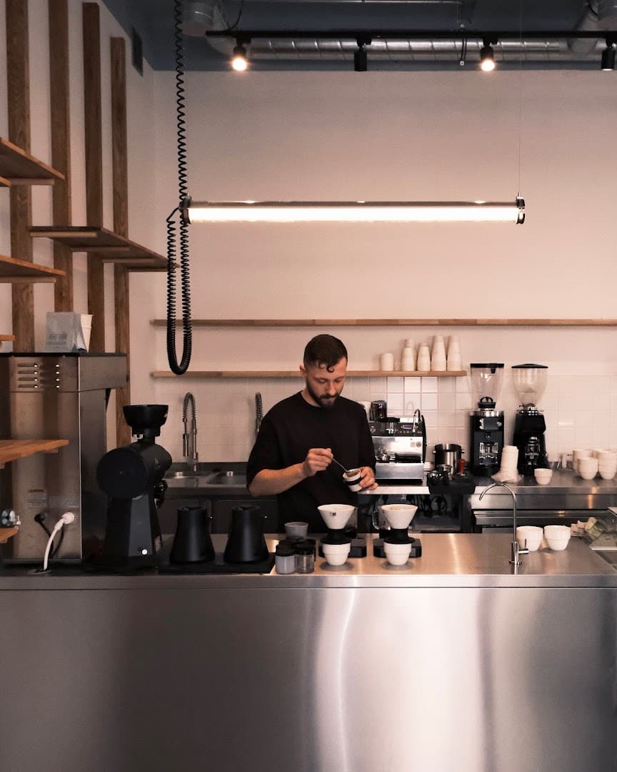 Interior of ROST microroastery & café, specialty coffee shop in Warsaw