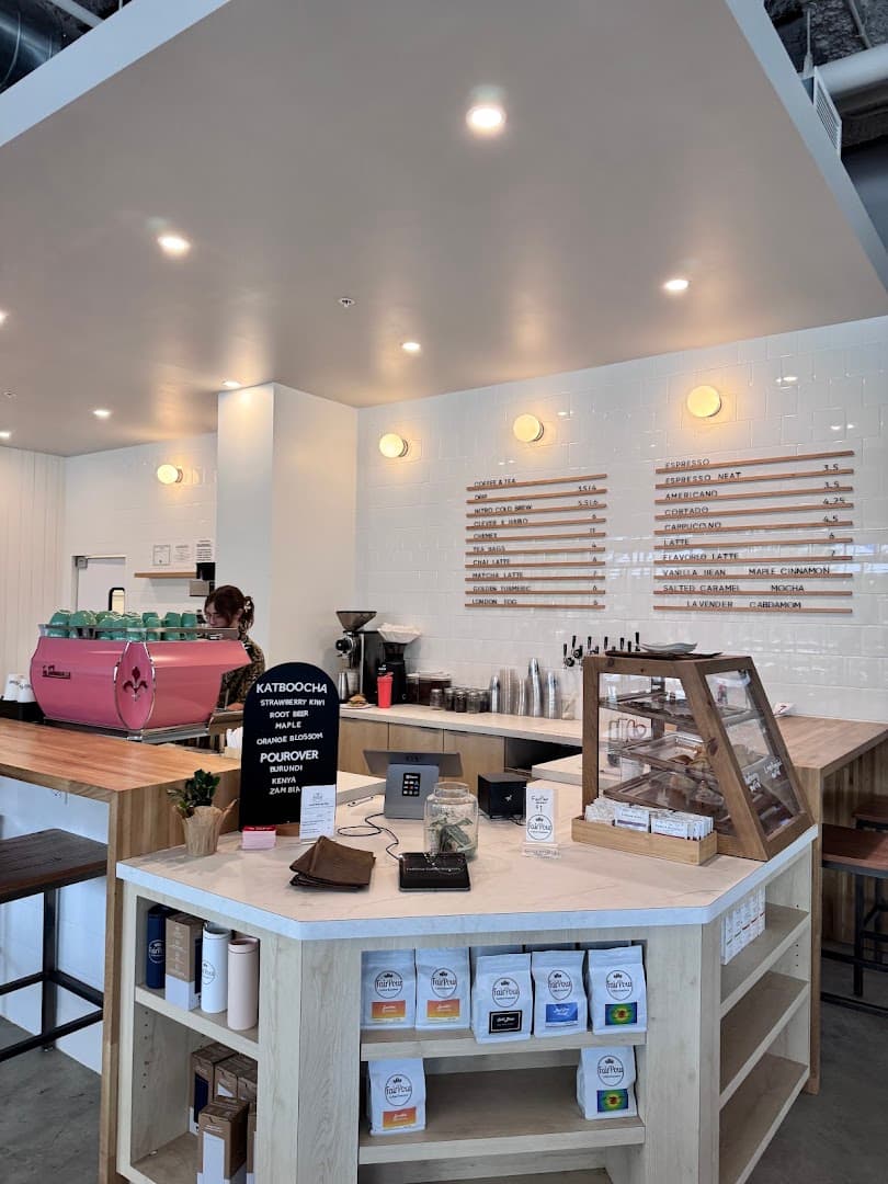 Interior of FairPour Coffee Roasters, specialty coffee shop in Rochester
