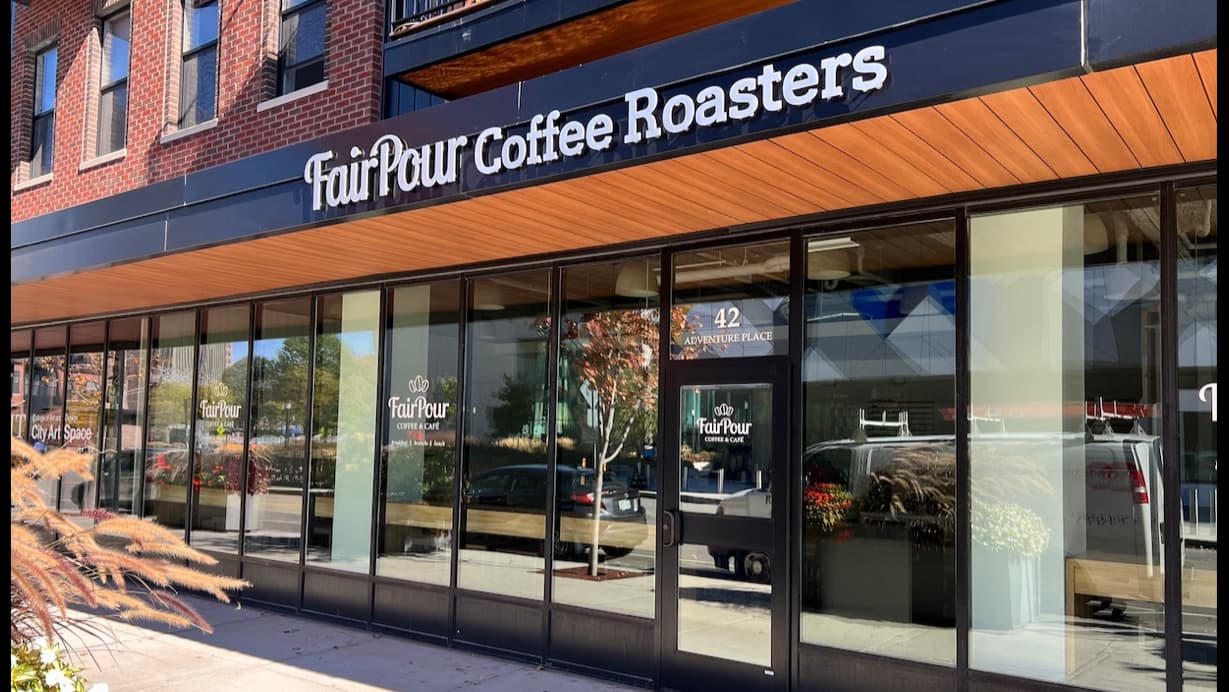 Storefront of FairPour Coffee Roasters, specialty coffee shop in Rochester