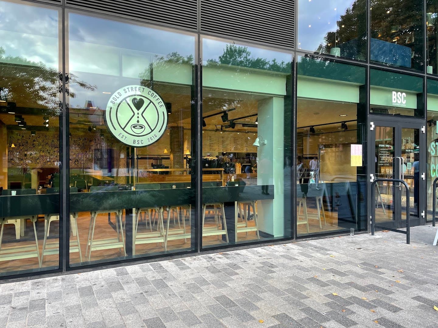 Storefront of Bold Street Coffee University Green, specialty coffee shop in Manchester