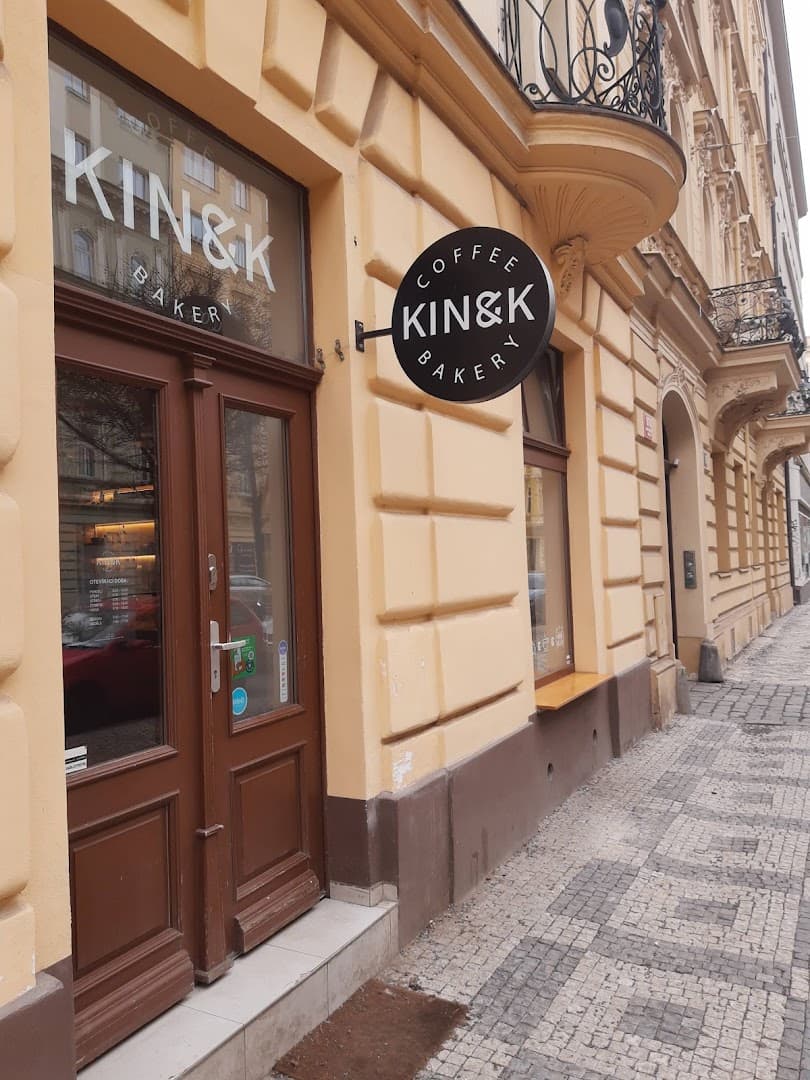 Storefront of Kin & K Bakery Korunní, specialty coffee shop in Prague
