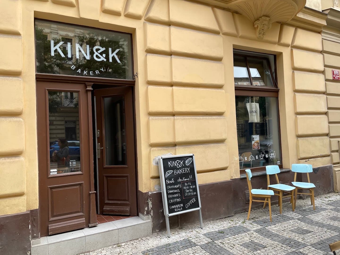 Storefront of Kin & K Bakery Korunní, specialty coffee shop in Prague