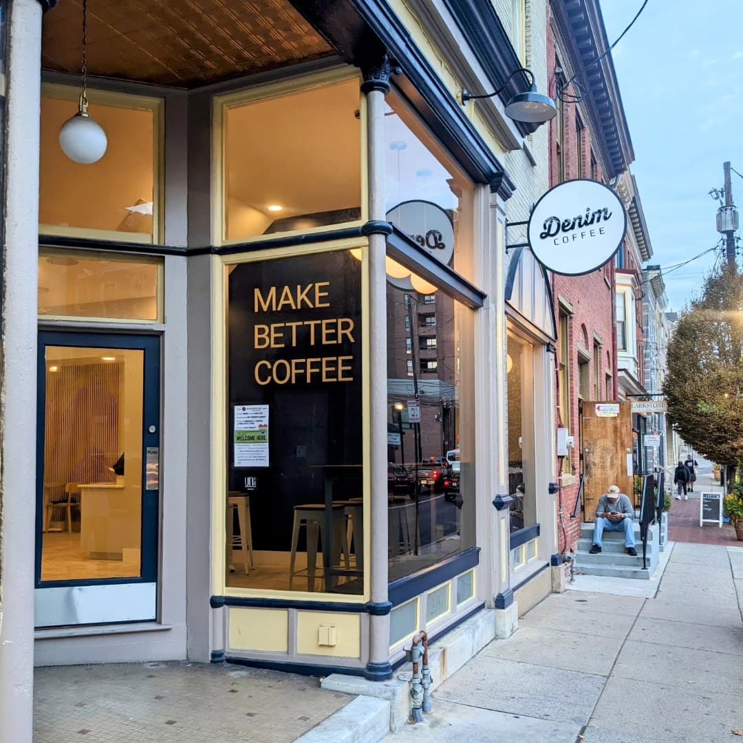 Storefront of Denim Coffee, specialty coffee shop in Lancaster