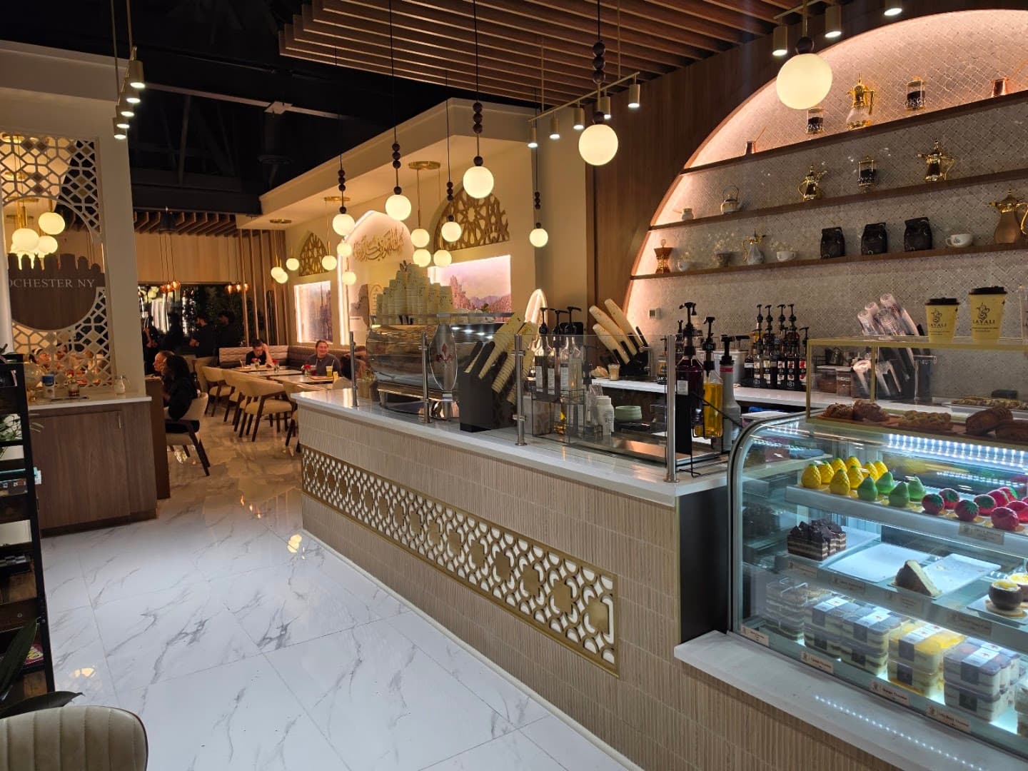 Interior of Layali Coffee House, specialty coffee shop in Rochester