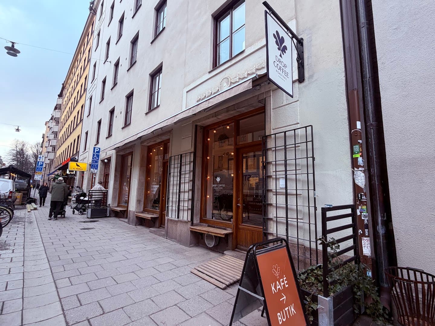 Storefront of Drop Coffee Roasters, specialty coffee shop in Stockholm