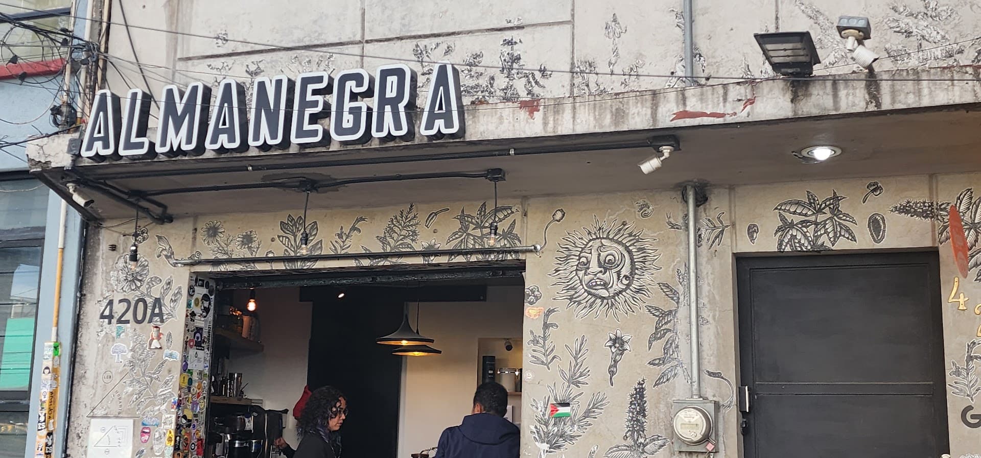 Storefront of Almanegra Café, specialty coffee shop in Mexico City