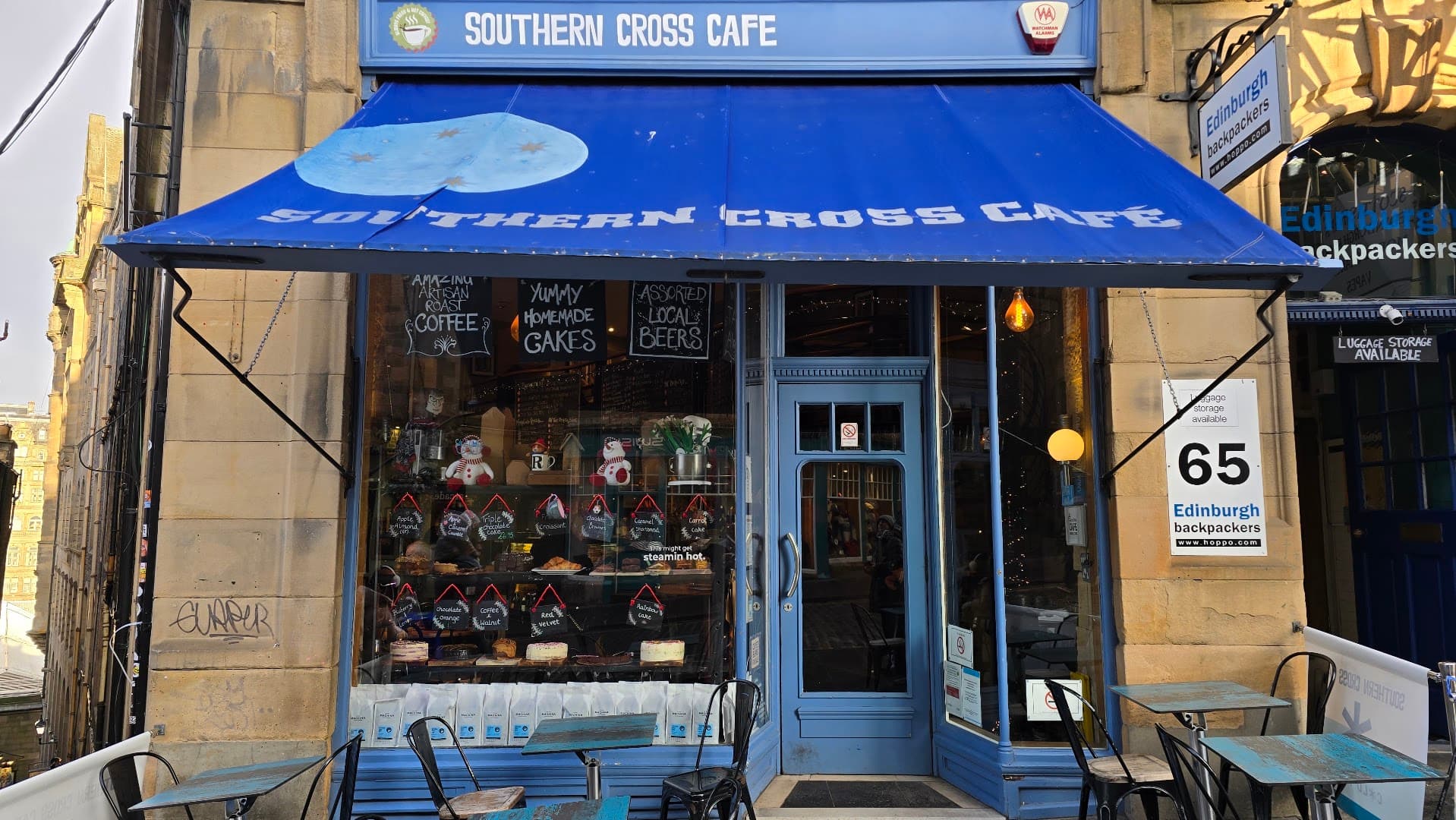 Storefront of Southern Cross Cafe, specialty coffee shop in Edinburgh