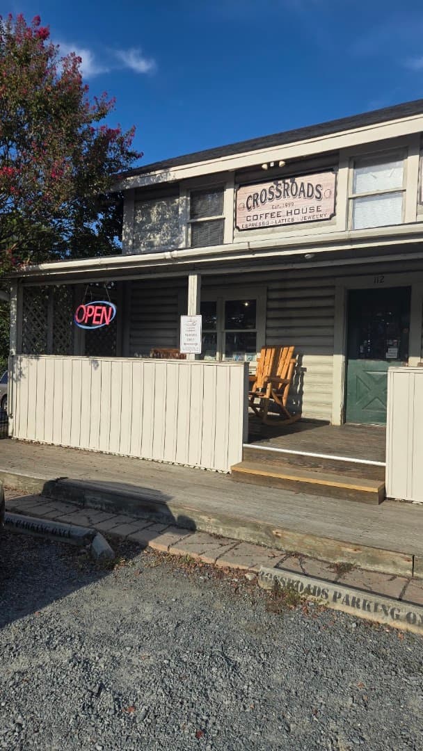 Storefront of Crossroads Coffee House, specialty coffee shop in Charlotte