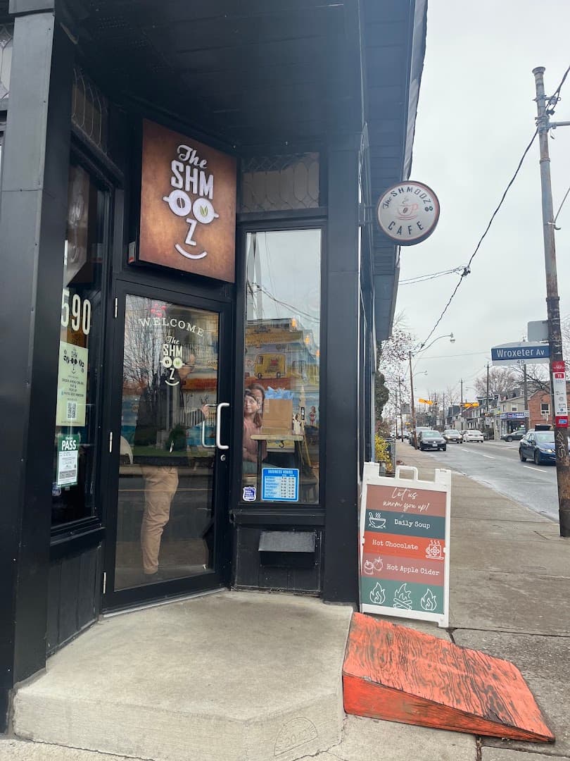 Storefront of The Shmooz, specialty coffee shop in Toronto