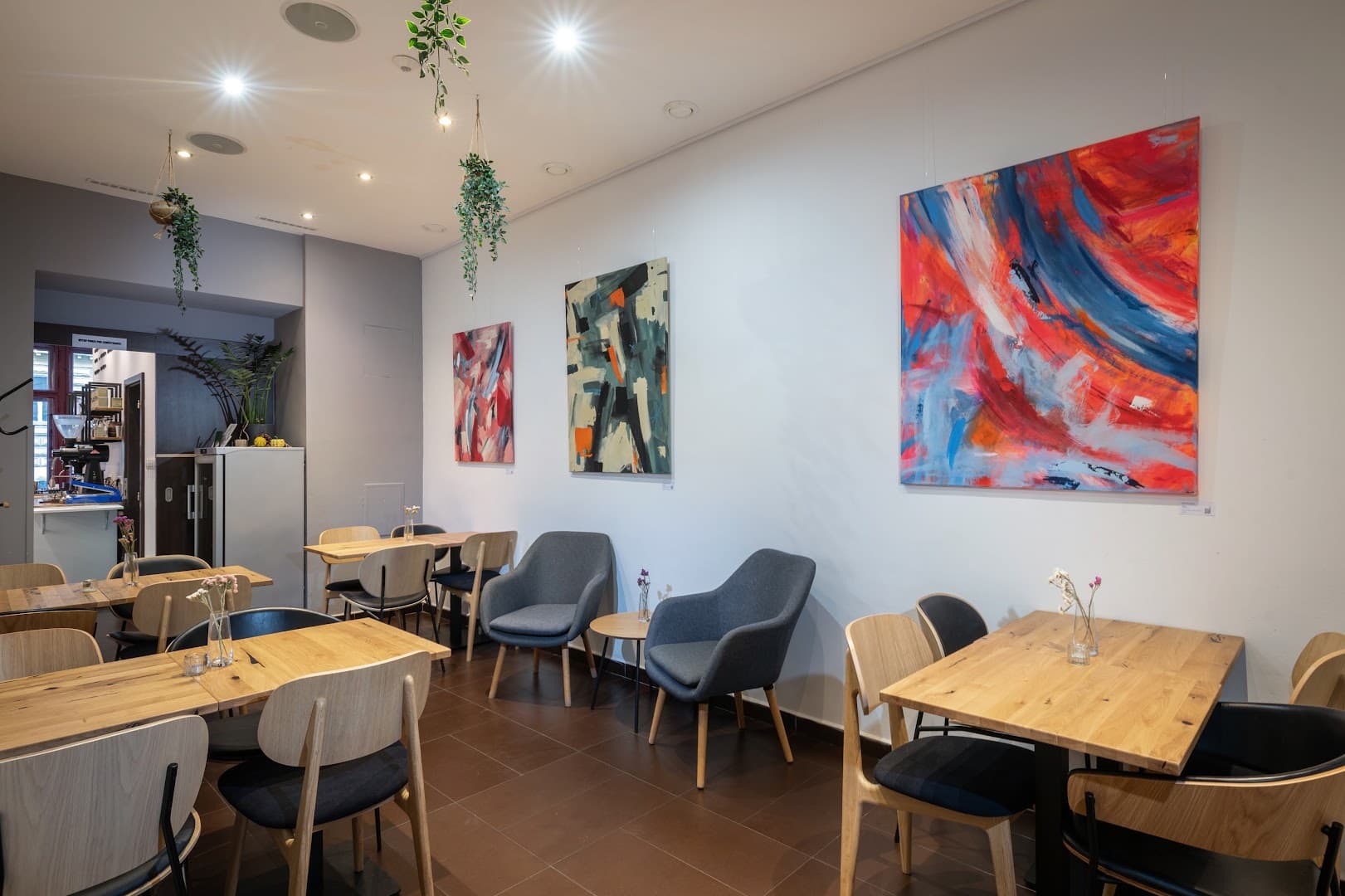 Interior of Dos Mundos Coffee Roastery, specialty coffee shop in Prague