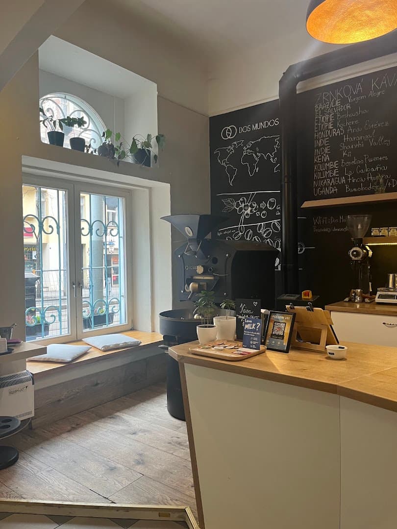 Interior of Dos Mundos Coffee Roastery, specialty coffee shop in Prague