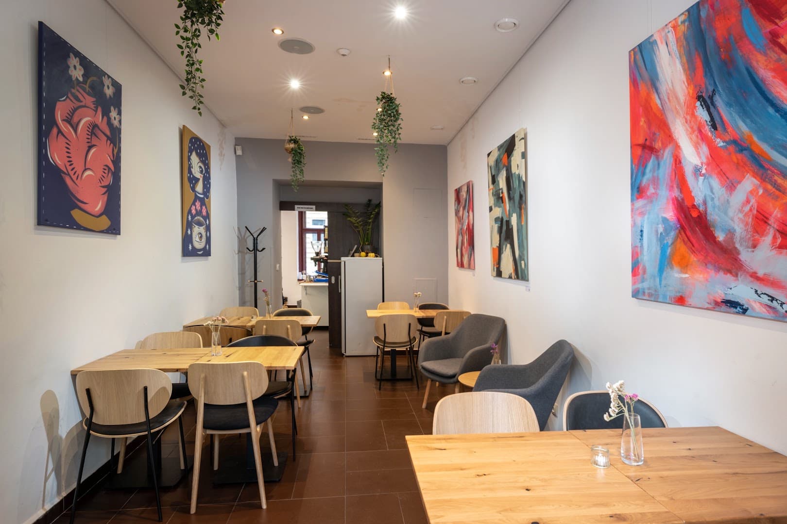Interior of Dos Mundos Coffee Roastery, specialty coffee shop in Prague