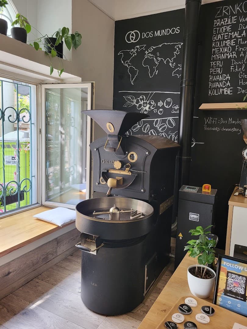 Interior of Dos Mundos Coffee Roastery, specialty coffee shop in Prague