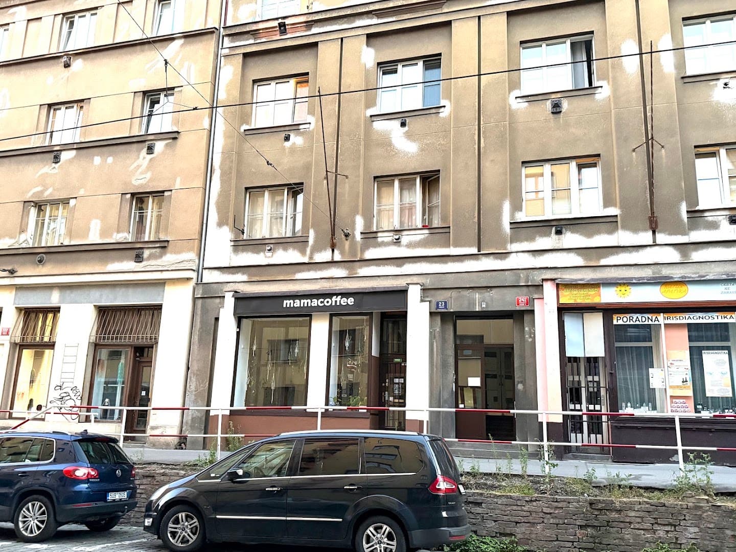 Storefront of mamacoffee Podolská, specialty coffee shop in Prague