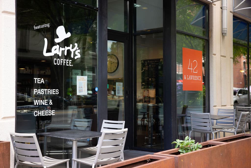 Storefront of 42 & Lawrence, specialty coffee shop in Raleigh-Durham