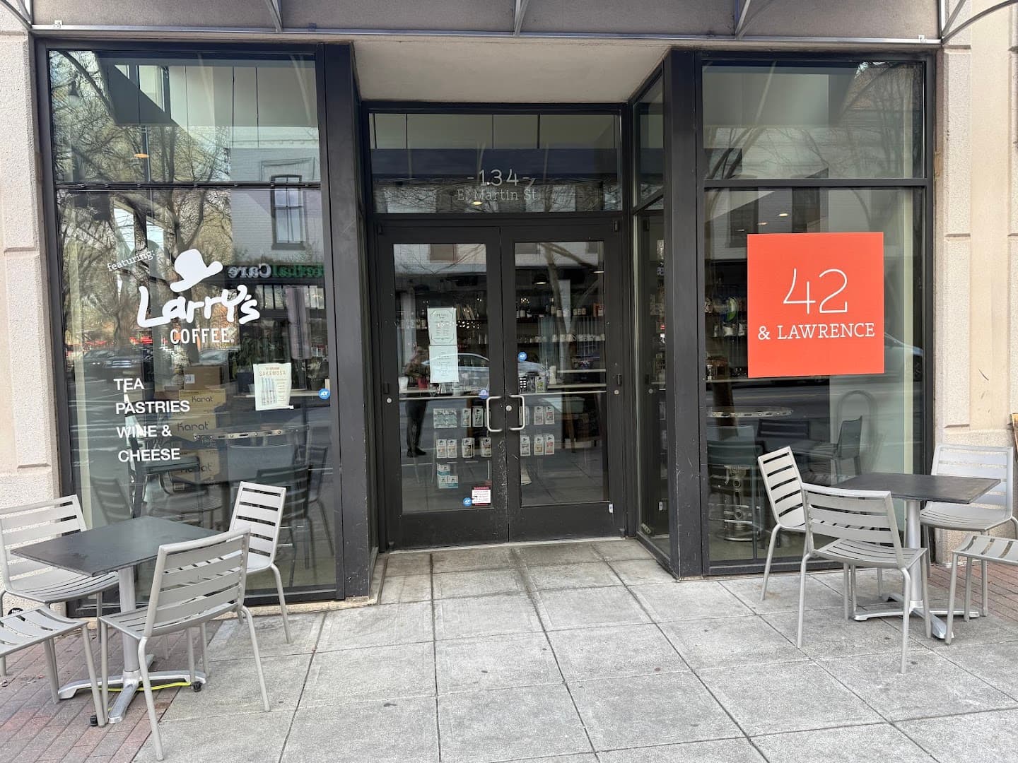 Storefront of 42 & Lawrence, specialty coffee shop in Raleigh-Durham