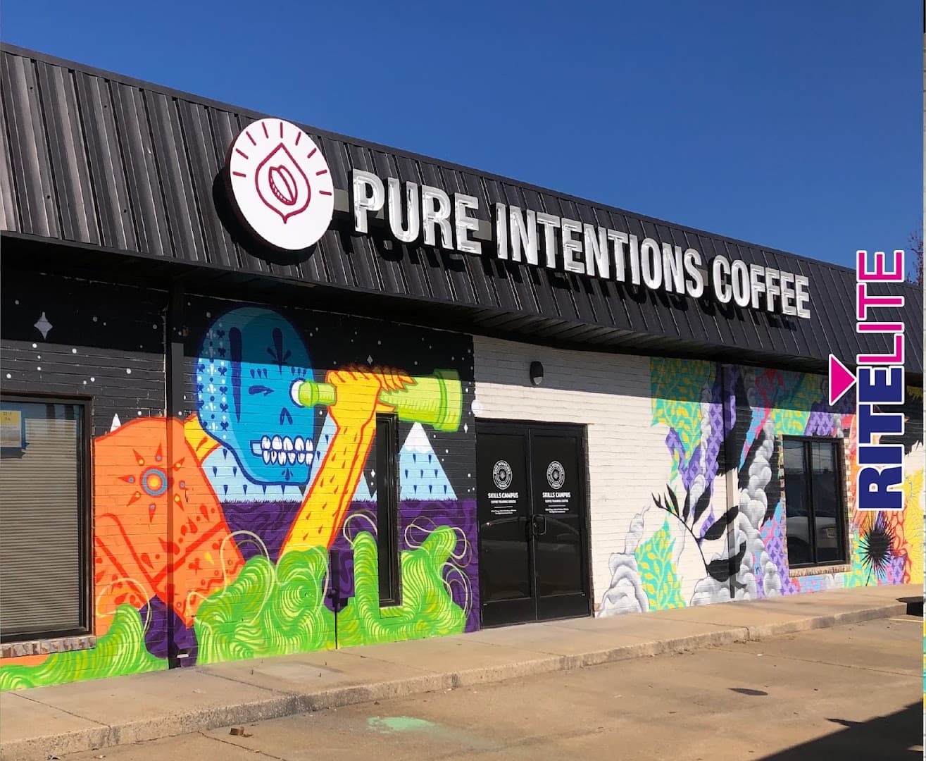 Storefront of Pure Intentions Coffee Roastery, specialty coffee shop in Charlotte