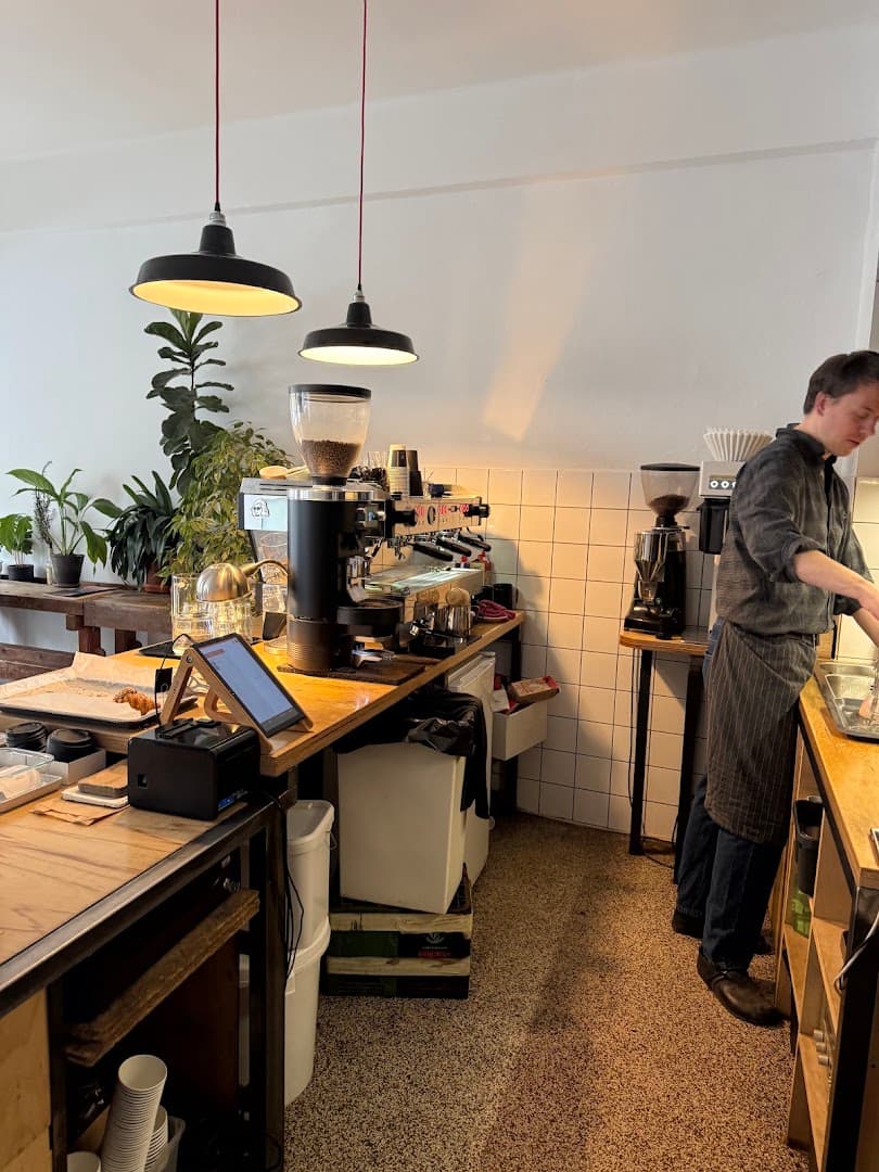 Interior of Kafemat, specialty coffee shop in Prague